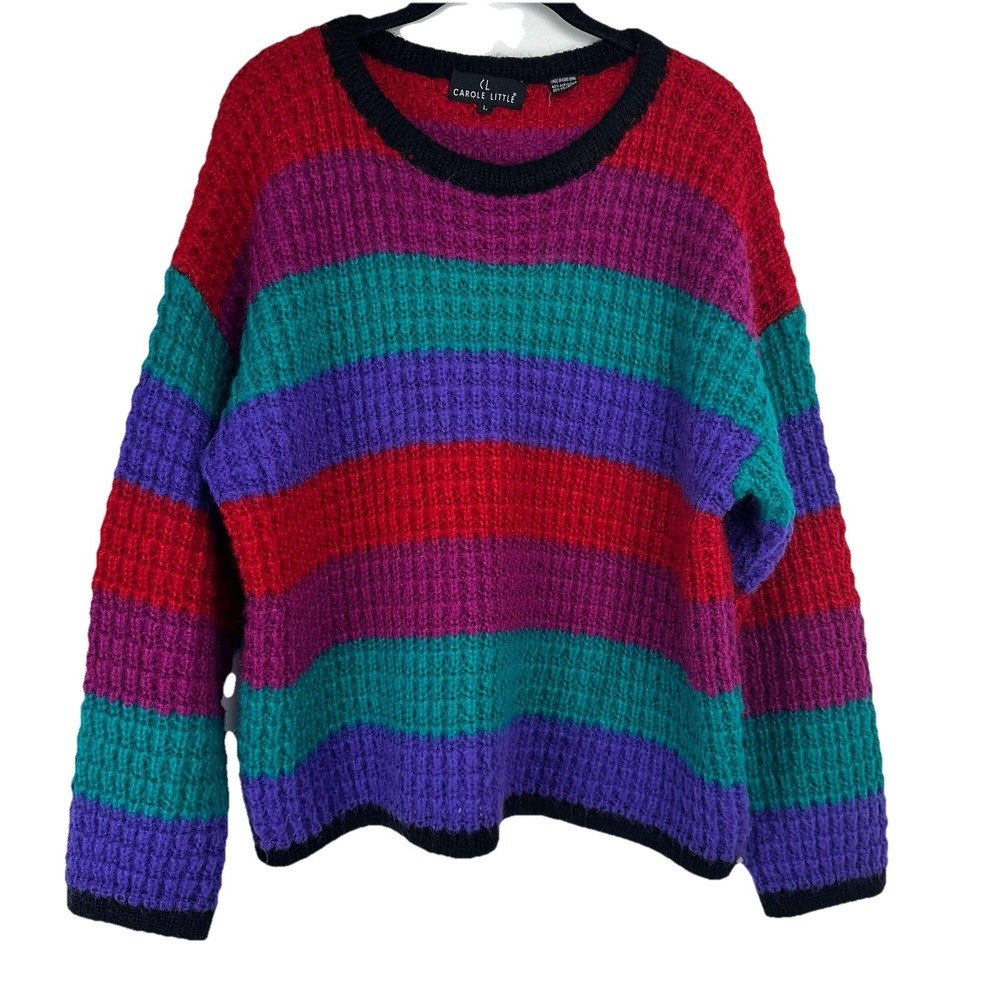 Carole Little Vintage Mohair Blend Striped Sweater Large Rainbow Teacher Artsy